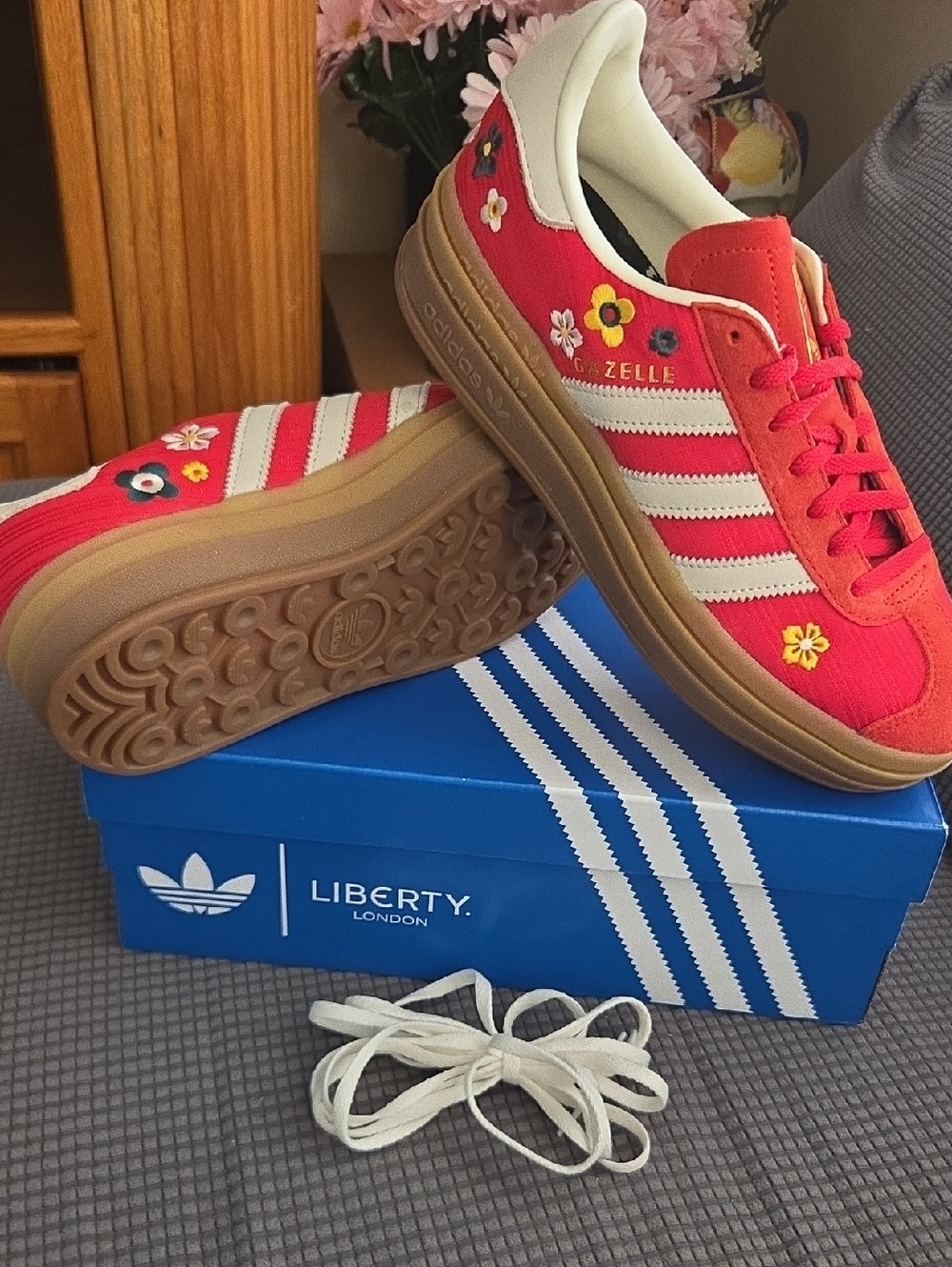 Adidas Liberty London,Red Floral Gazelle Sneakers with White Stripes - Picture 3 of 7